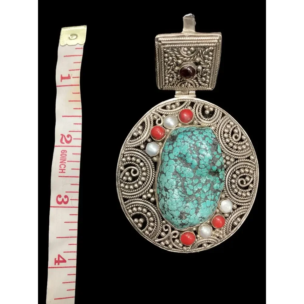 Gorgeous 925 Sterling Silver Statement Pendant Turquoise Garnet Pearl Coral